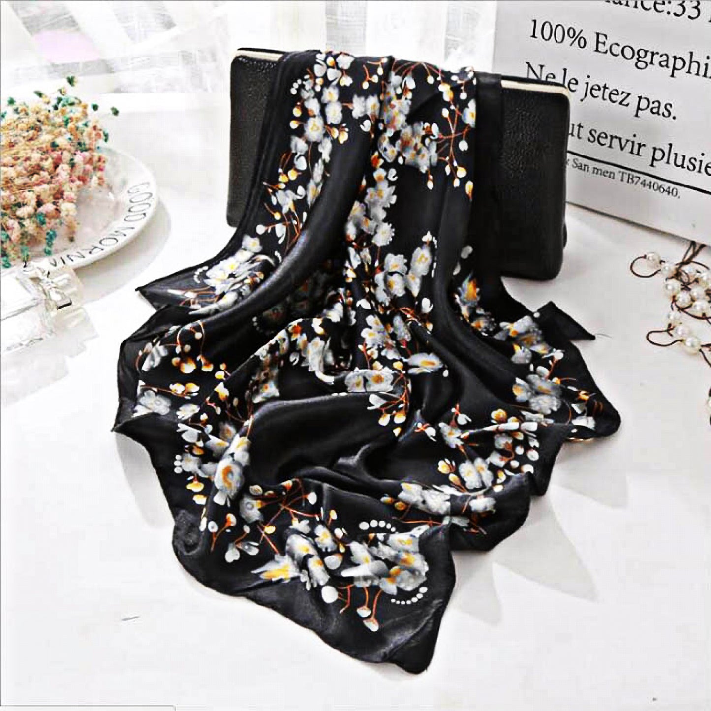 Square Black Satin Scarf – Silver Cherry Blossom Print | Elegant Floral Scarf | Perfect Christmas Gift