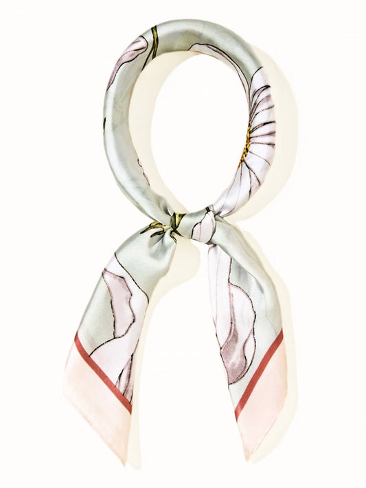 Mint Green Floral Satin Square Scarf – White Poppies & Soft Botanical Print | Pastel Light Green Border | Elegant Gift | Christmas Gift Idea