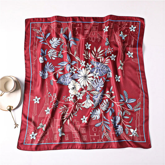 Burgundy City Flowers Satin Scarf – Elegant Floral Print with Urban Sketch Border | Luxury Gift for Her