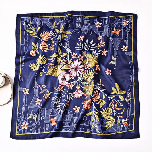 Navy City Flowers Satin Scarf – Elegant Floral Print with Urban Sketch Border | Luxury Gift for Her