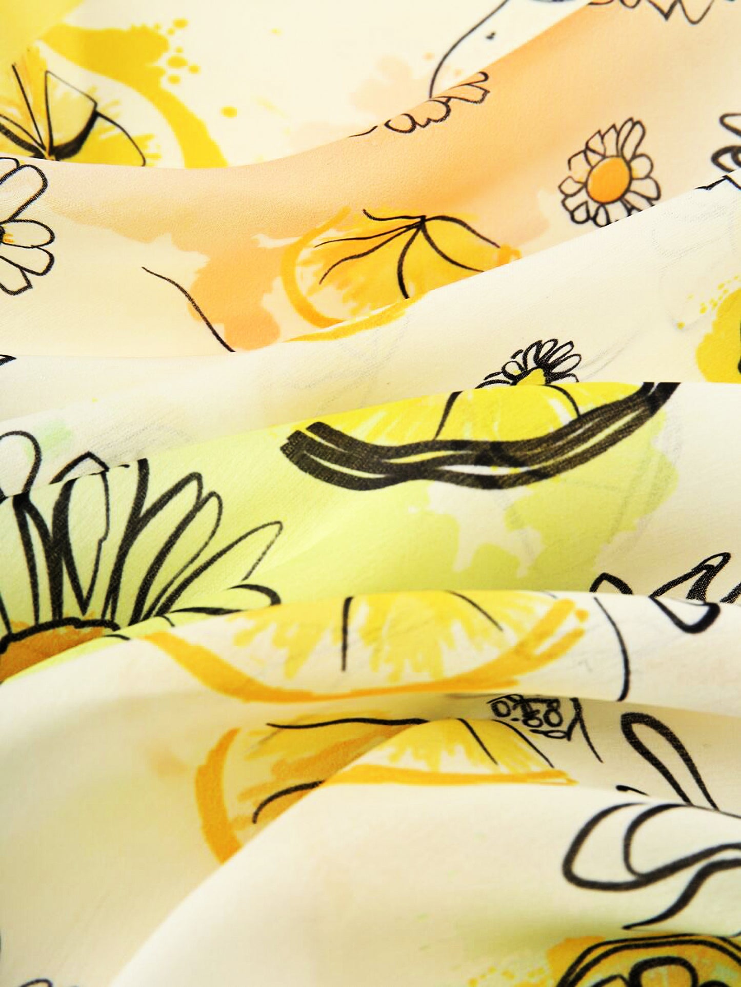 Square Satin Scarf – Lemon & Daisy Print with Yellow Border | Fresh Summer Floral Scarf | Elegant Gift | Christmas Gift Idea