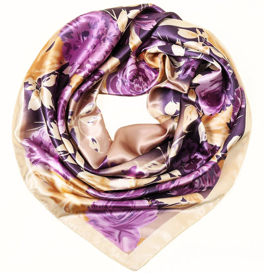 Luxury Satin Floral Scarf – Purple & Gold | Elegant Gift for Her | Christmas & Winter Accessories