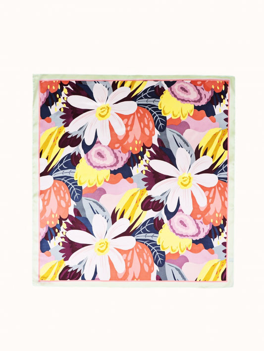 Multicolour Floral Satin Square Scarf – Large Artistic Flowers with Pastel Green Border | Elegant Gift for Her | Christmas Gift Idea