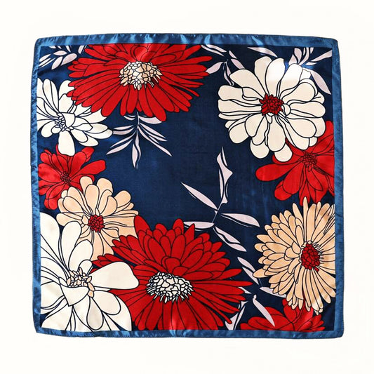Square Satin Scarf – Navy with Large Red & White Flowers | Elegant Floral Scarf | Timeless Accessory | Perfect Christmas Gift