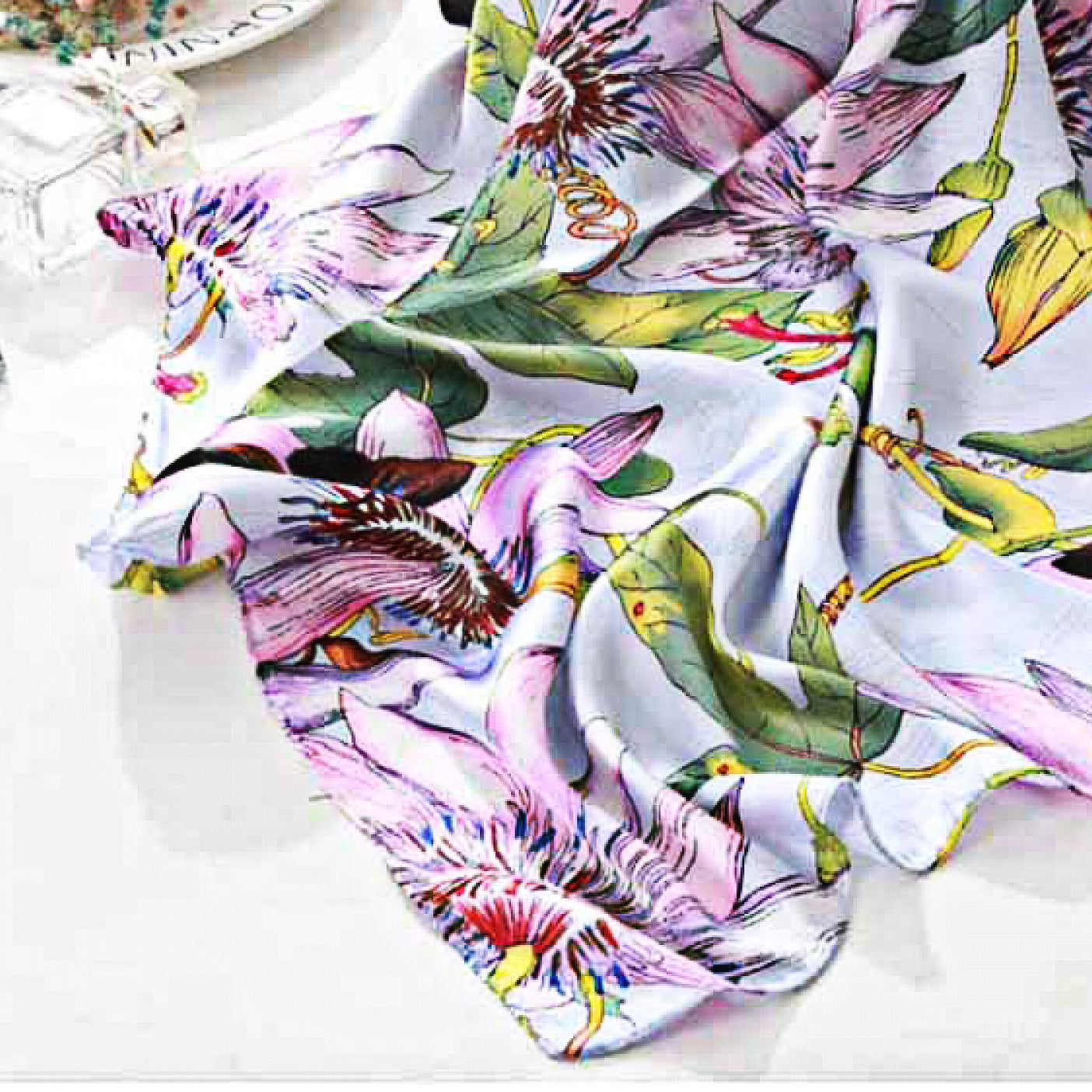 Square Silver-Blue Satin Scarf – Purple Lily Floral Print | Elegant Women’s Scarf | Christmas Gift Idea