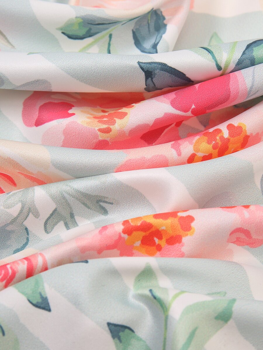 Square Satin Scarf – Pink Roses with White & Pastel Mint Green Striped Background | Romantic Floral Scarf | Perfect Christmas Gift