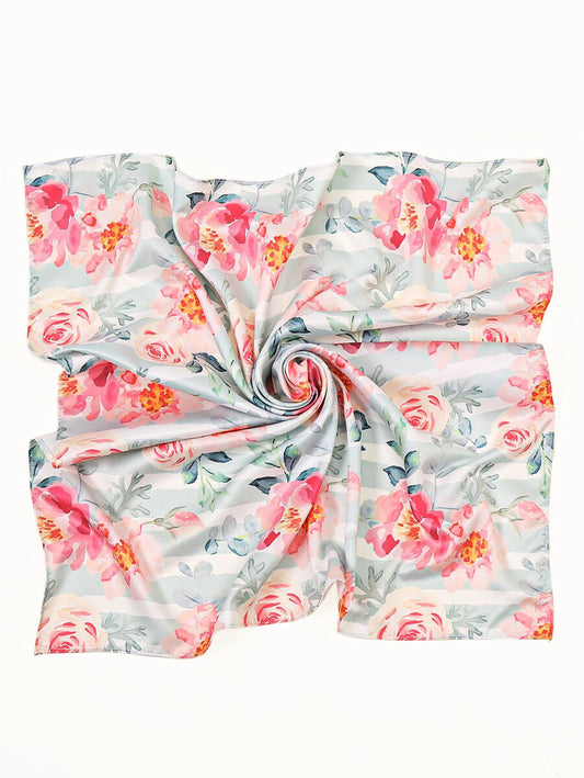 Square Satin Scarf – Pink Roses with White & Pastel Mint Green Striped Background | Romantic Floral Scarf | Perfect Christmas Gift