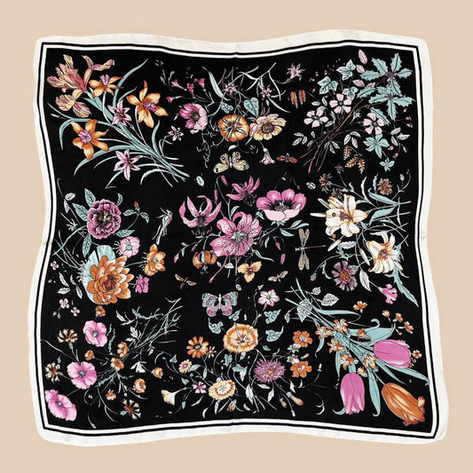Black Floral Satin Square Scarf – Botanical Silk-Feel Scarf With Tulips & Wildflowers | Elegant Christmas Gift for Her