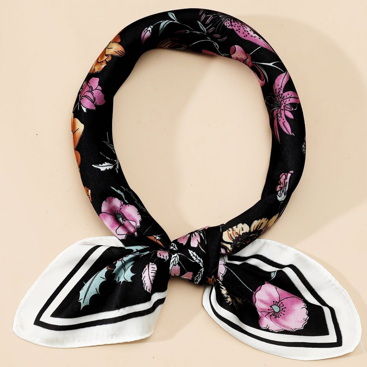 Black Floral Satin Square Scarf – Botanical Silk-Feel Scarf With Tulips & Wildflowers | Elegant Christmas Gift for Her