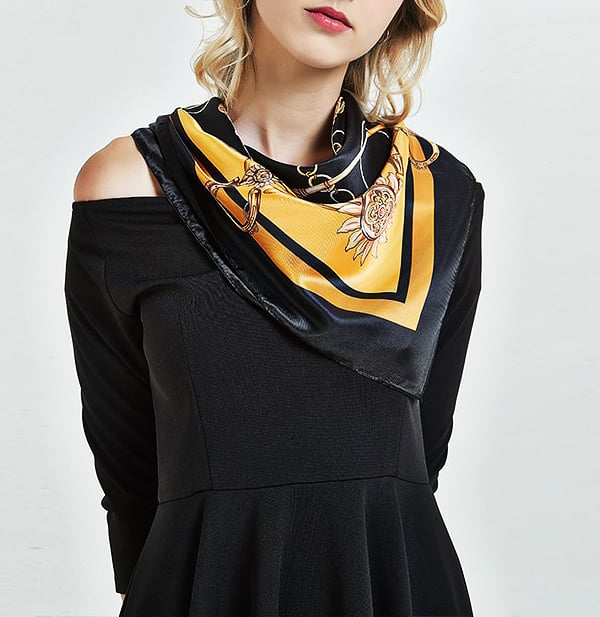 Black & Yellow Vintage Sun & Chain Print Scarf – 90x90cm Silk Satin Square | Baroque Retro Scarf for Women