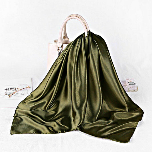 Olive Green Satin Scarf 90×90 cm – Khaki Silk-Feel Square Scarf | Elegant Block Colour Head & Neck Wrap