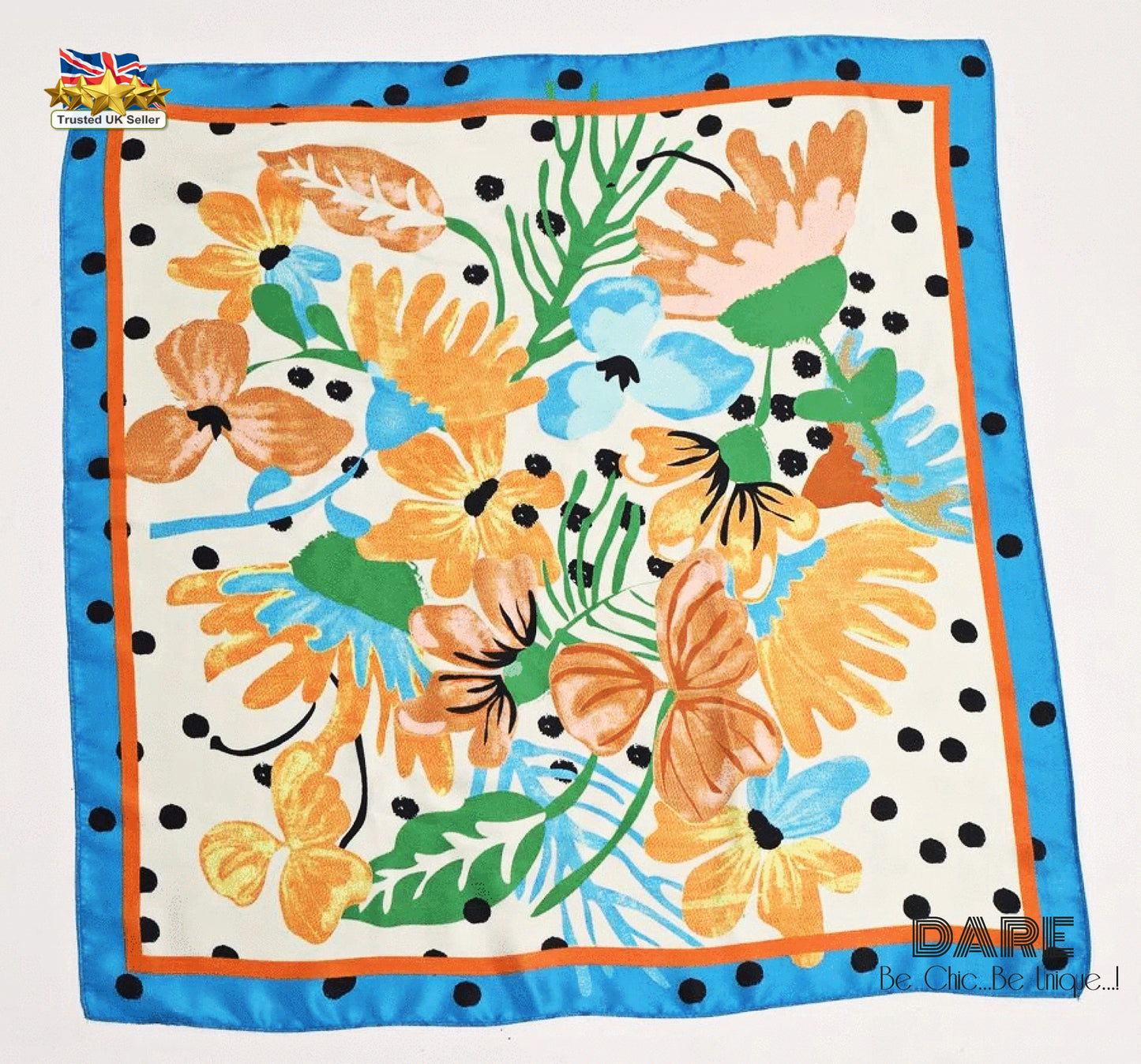 💙 Polka Dot and Floral Blue Silk Scarf – Vintage-Inspired Elegance with a Modern Twist