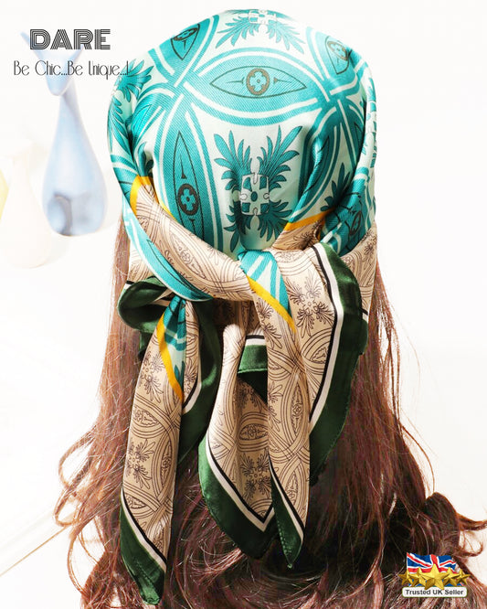 Square Vintage Geometric Scarf – Turquoise & Beige Pattern | Retro Style | Christmas Gift Idea