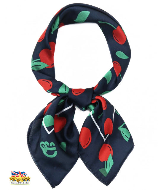 Cherries scarf,Cherry print scarf,Fruits print scarf,Cherries bandana,Fruits bandana,navy silk scarf,Summer scarf,Gift for vegan,cherries