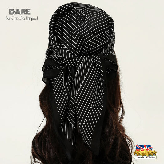 Black Square Scarf with White Stripes | Minimalist Chic | Timeless Classic | Christmas Gift Idea