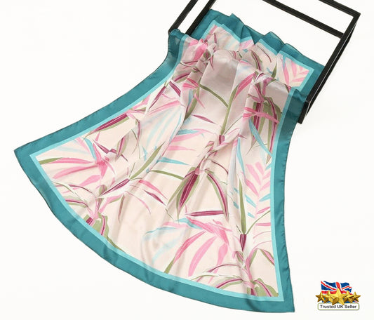 Teal & Pink Leaf Print Silk Satin Square Scarf – Luxury 90cm Statement Accessory