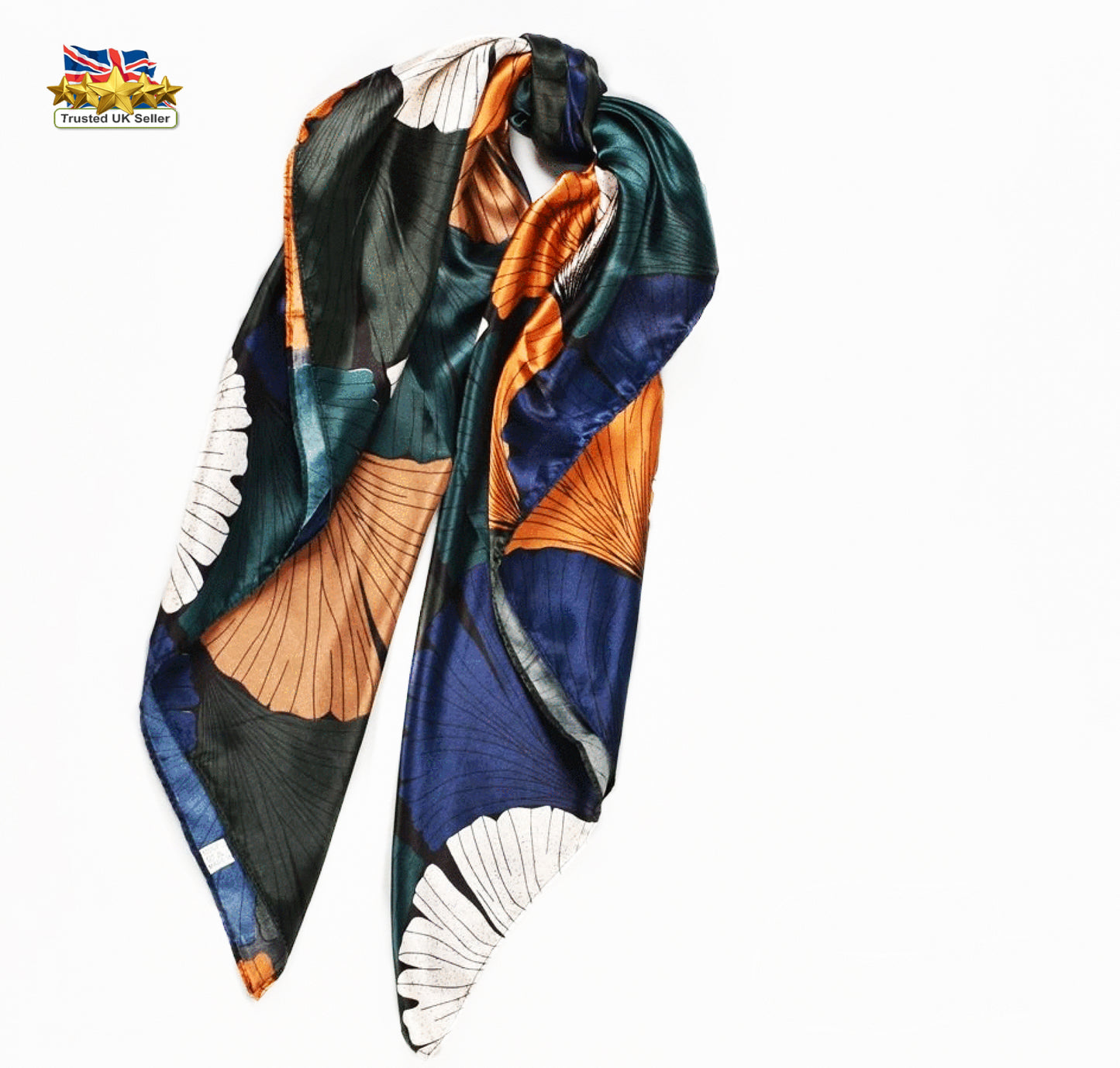 Premium Navy Blue, Green & Copper Leaf Print Scarf – Luxury Statement Piece for Formal Events
