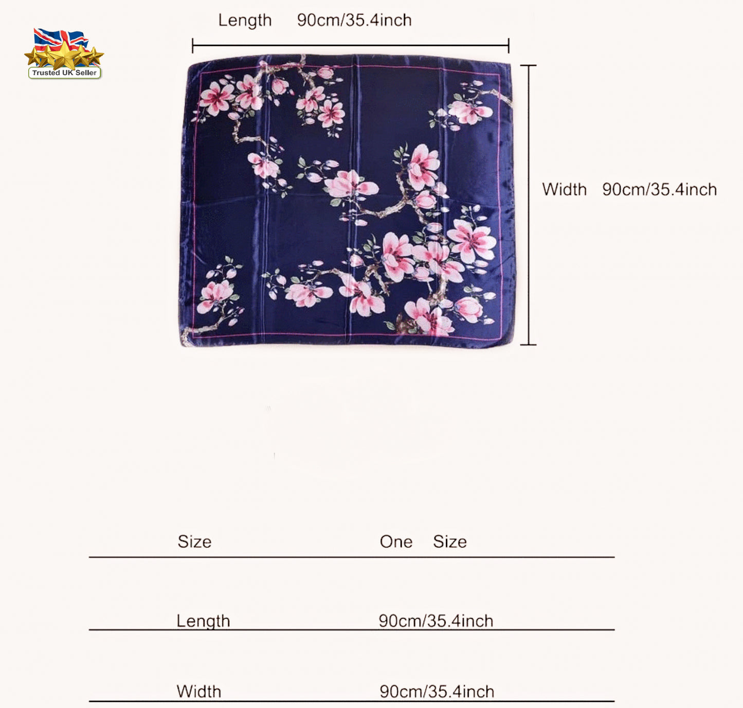 Navy Blue Magnolia Floral Satin Silk Square Scarf – 90cm Elegant Floral Bandana