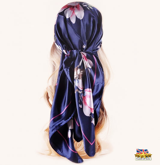 Navy Blue Magnolia Floral Satin Silk Square Scarf – 90cm Elegant Floral Bandana