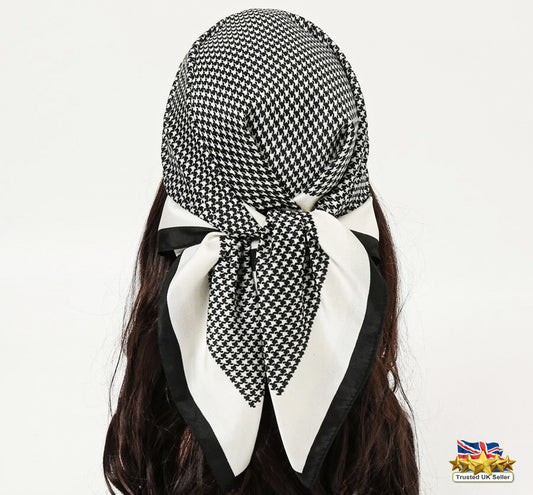 🖤 Black & White Striped and Checkered Silk Scarf – Geometric Elegance in Every Fold