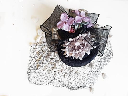 Black handemade Pill Box Hat,Elegant Birdcage Veil Pillbox Fascinator