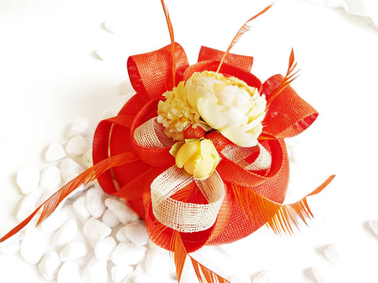 Orange Flowers Fascinator flowers wedding hat Yellow roses ascot hat orange mother of the bride fascinator wedding hat flowers sinamay hat