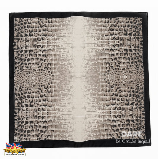 Elegant Animal Print Alligator-Print Square Scarf – Black, White & Grey