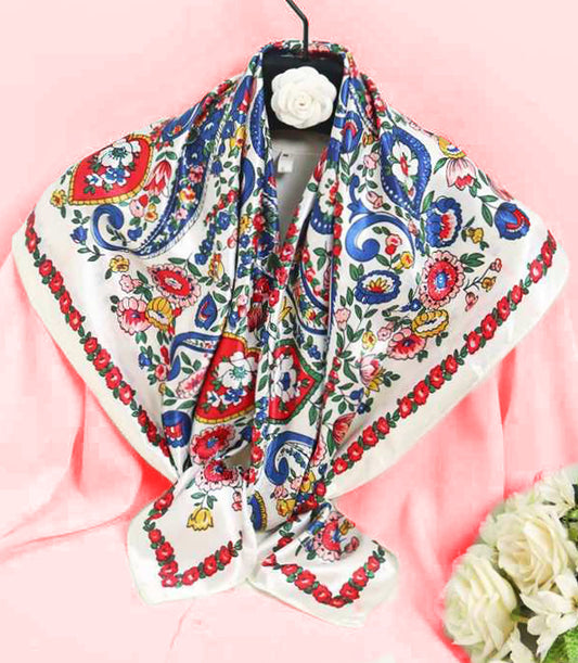 White Floral Paisley Silk-Feel Square Scarf – Elegant Vintage Print Accessory