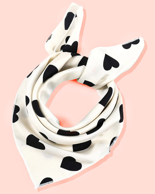 White Scarf with Black Hearts – Square Satin Scarf | Cute Heart Print Hijab, Neck Scarf & Hair Wrap