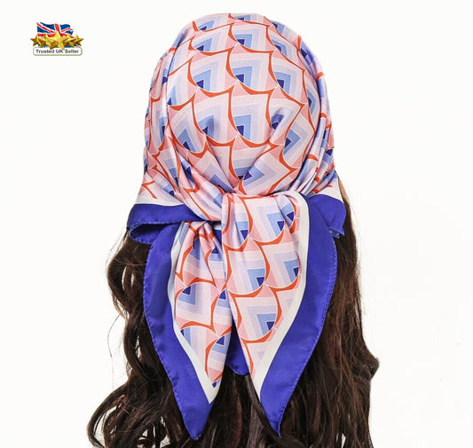 Pink & Purple Geometric Print Satin Silk Scarf – 70 cm Square Designer Bandana