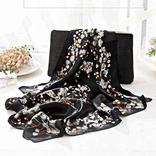 Square Black Satin Scarf – Silver Cherry Blossom Print | Elegant Floral Scarf | Perfect Christmas Gift