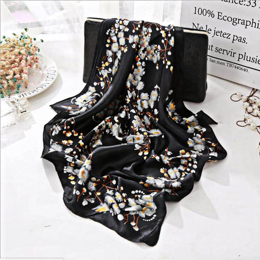 Square Black Satin Scarf – Silver Cherry Blossom Print | Elegant Floral Scarf | Perfect Christmas Gift