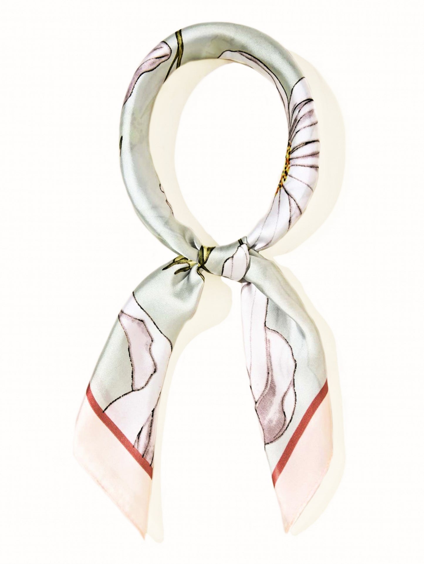 Mint Green Floral Satin Square Scarf – White Poppies &amp; Soft Botanical Print | Pastel Light Green Border | Elegant Gift | Christmas Gift Idea