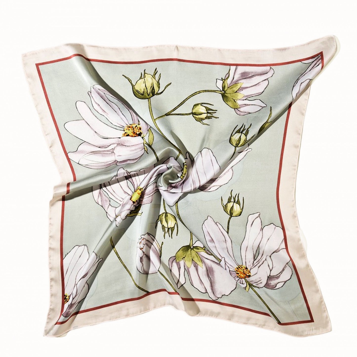 Mint Green Floral Satin Square Scarf – White Poppies &amp; Soft Botanical Print | Pastel Light Green Border | Elegant Gift | Christmas Gift Idea