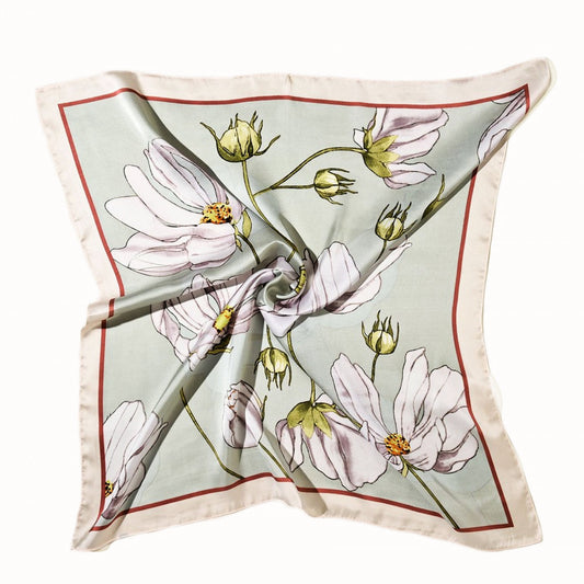 Mint Green Floral Satin Square Scarf – White Poppies &amp; Soft Botanical Print | Pastel Light Green Border | Elegant Gift | Christmas Gift Idea