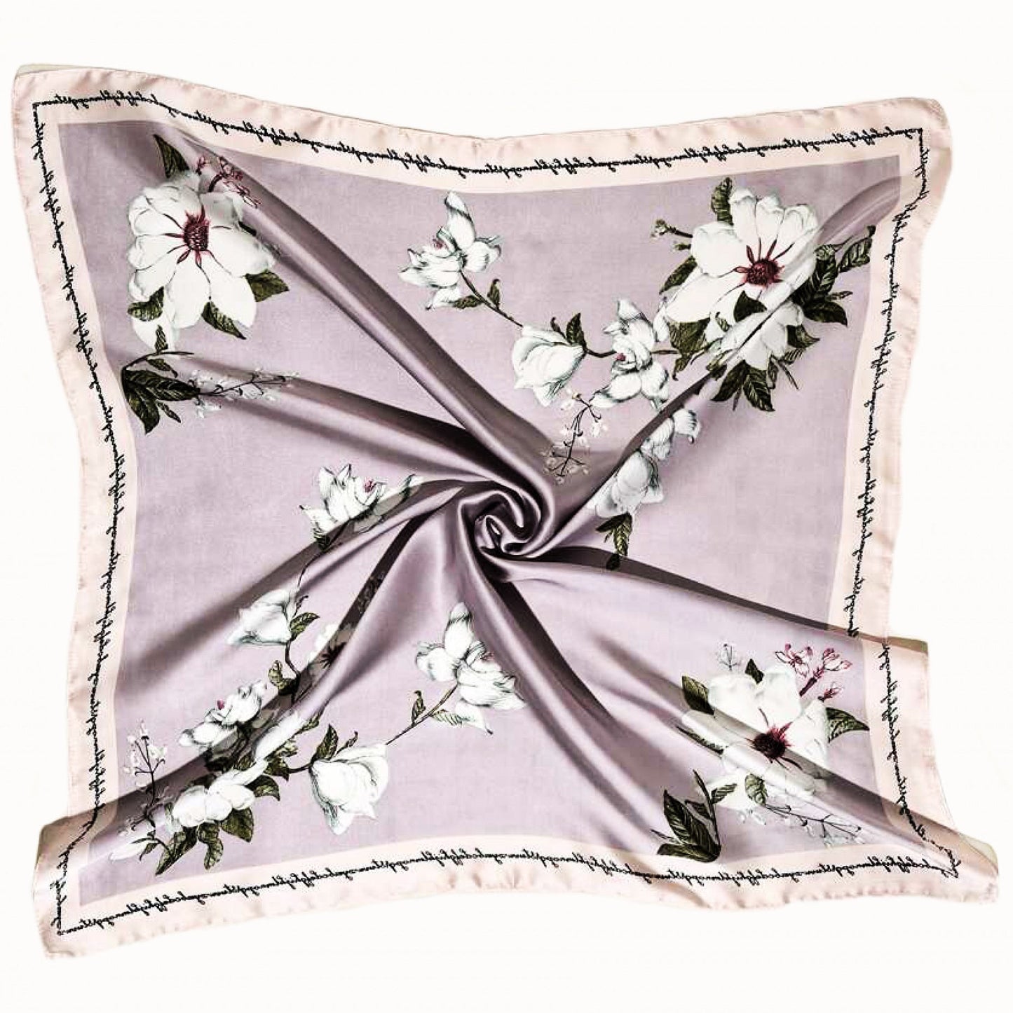 Silver and White Blossom Satin Square Scarf with Silver Border – Elegant Floral Accessory | Luxury Christmas Gift for Her