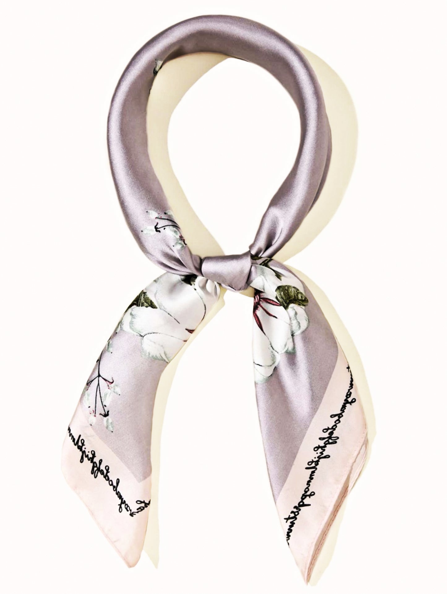 Silver and White Blossom Satin Square Scarf with Silver Border – Elegant Floral Accessory | Luxury Christmas Gift for Her