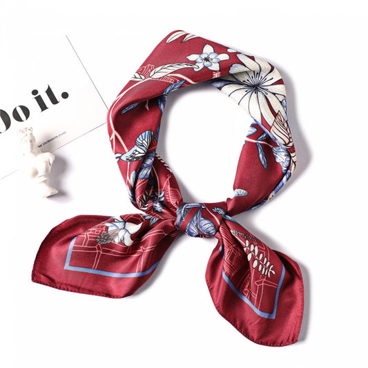Burgundy City Flowers Satin Scarf – Elegant Floral Print with Urban Sketch Border | Luxury Gift for Her
