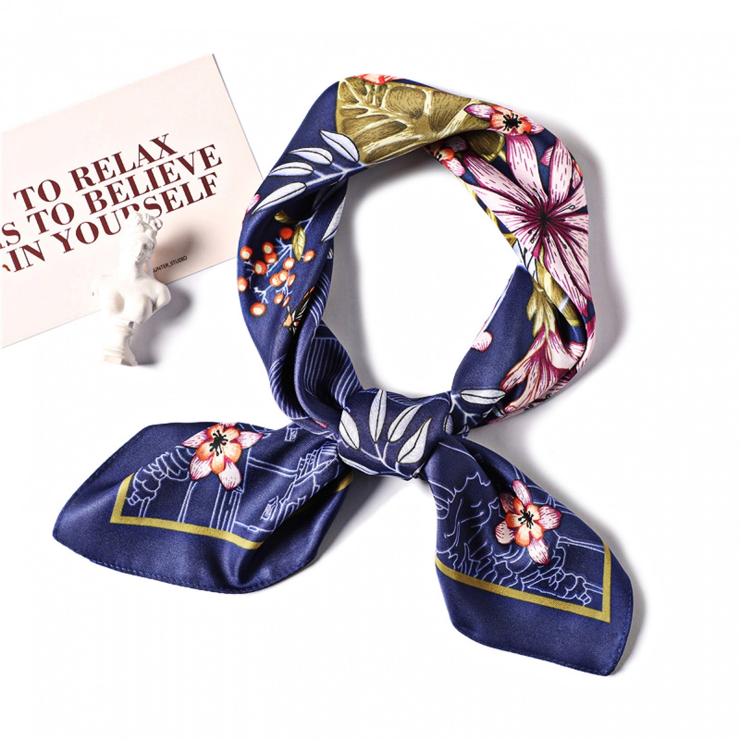 Navy City Flowers Satin Scarf – Elegant Floral Print with Urban Sketch Border | Luxury Gift for Her
