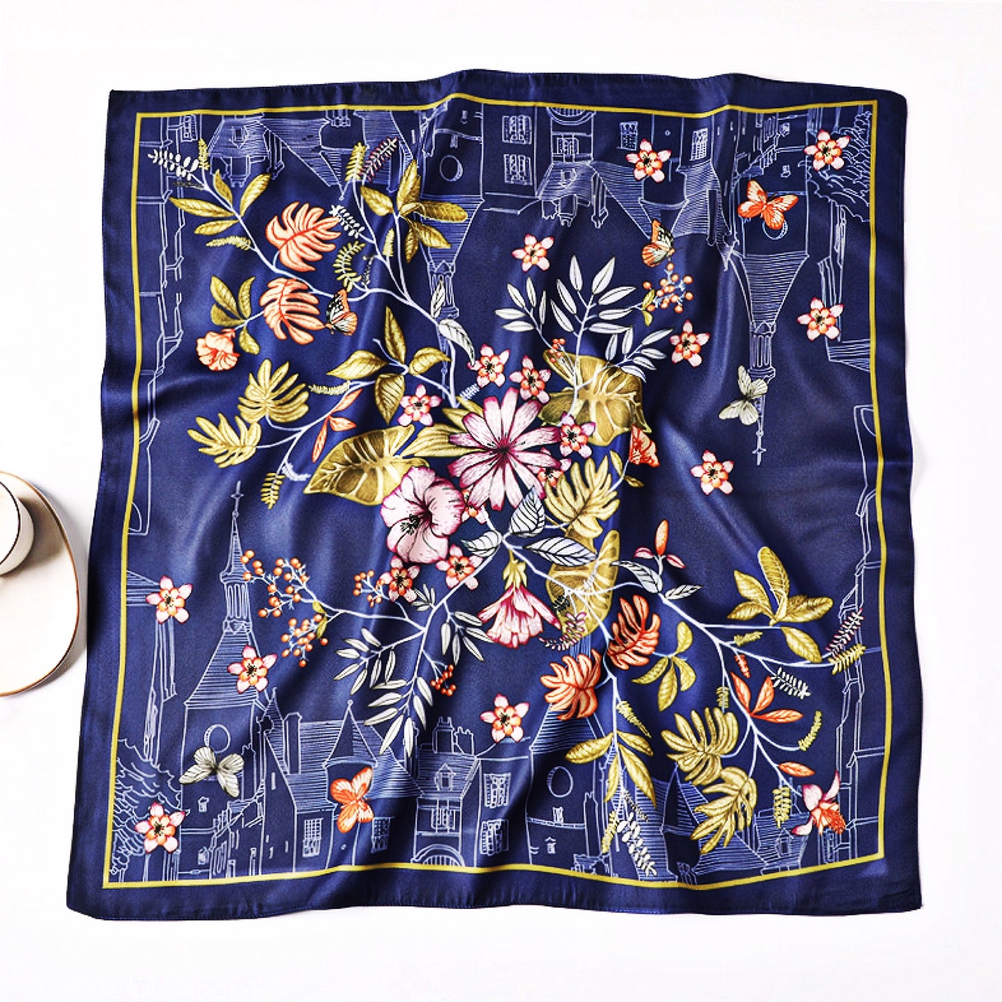 Navy City Flowers Satin Scarf – Elegant Floral Print with Urban Sketch Border | Luxury Gift for Her