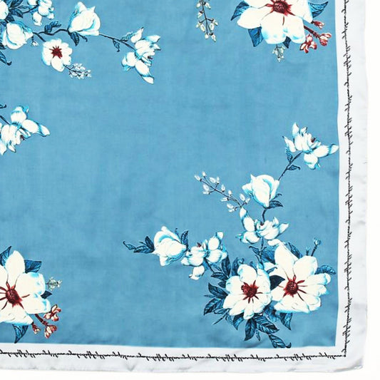 Blue & White Blossom Satin Square Scarf with Silver Border – Elegant Floral Accessory | Luxury Christmas Gift for Her