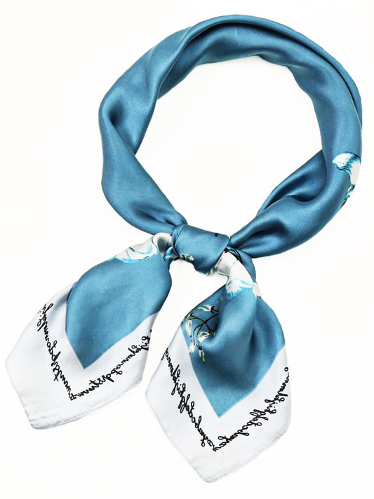 Blue & White Blossom Satin Square Scarf with Silver Border – Elegant Floral Accessory | Luxury Christmas Gift for Her
