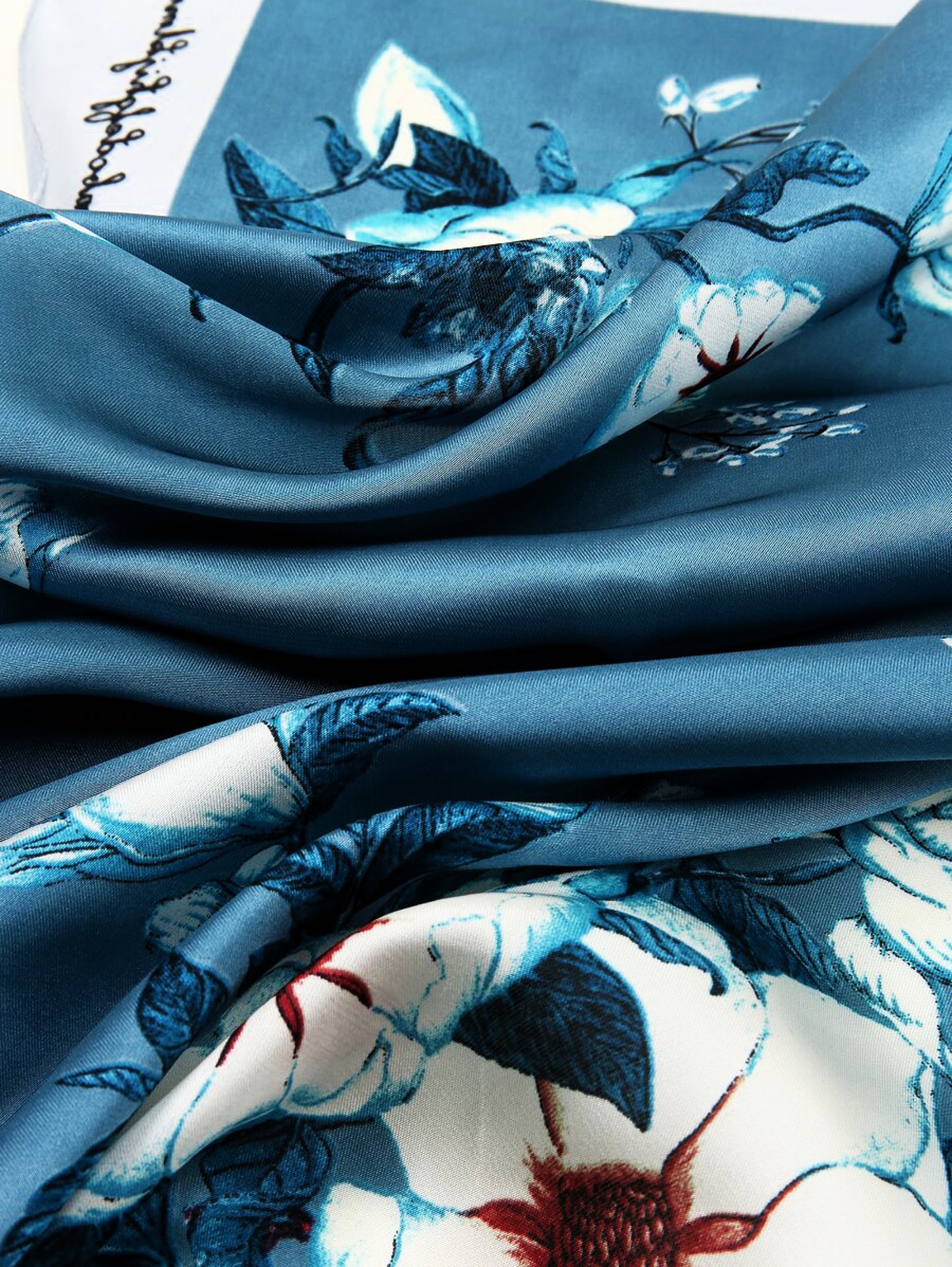 Blue & White Blossom Satin Square Scarf with Silver Border – Elegant Floral Accessory | Luxury Christmas Gift for Her