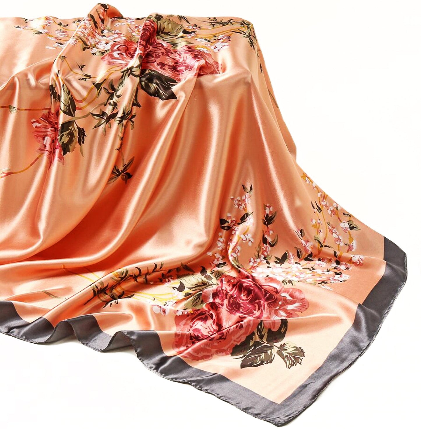 🌸 Peach Floral Satin Scarf – Elegant, Soft & Timeless