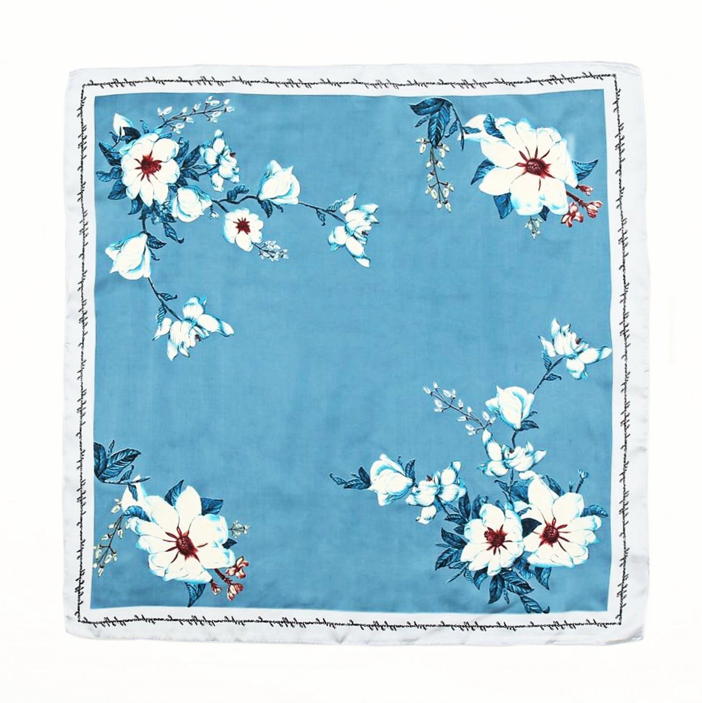 Blue & White Blossom Satin Square Scarf with Silver Border – Elegant Floral Accessory | Luxury Christmas Gift for Her