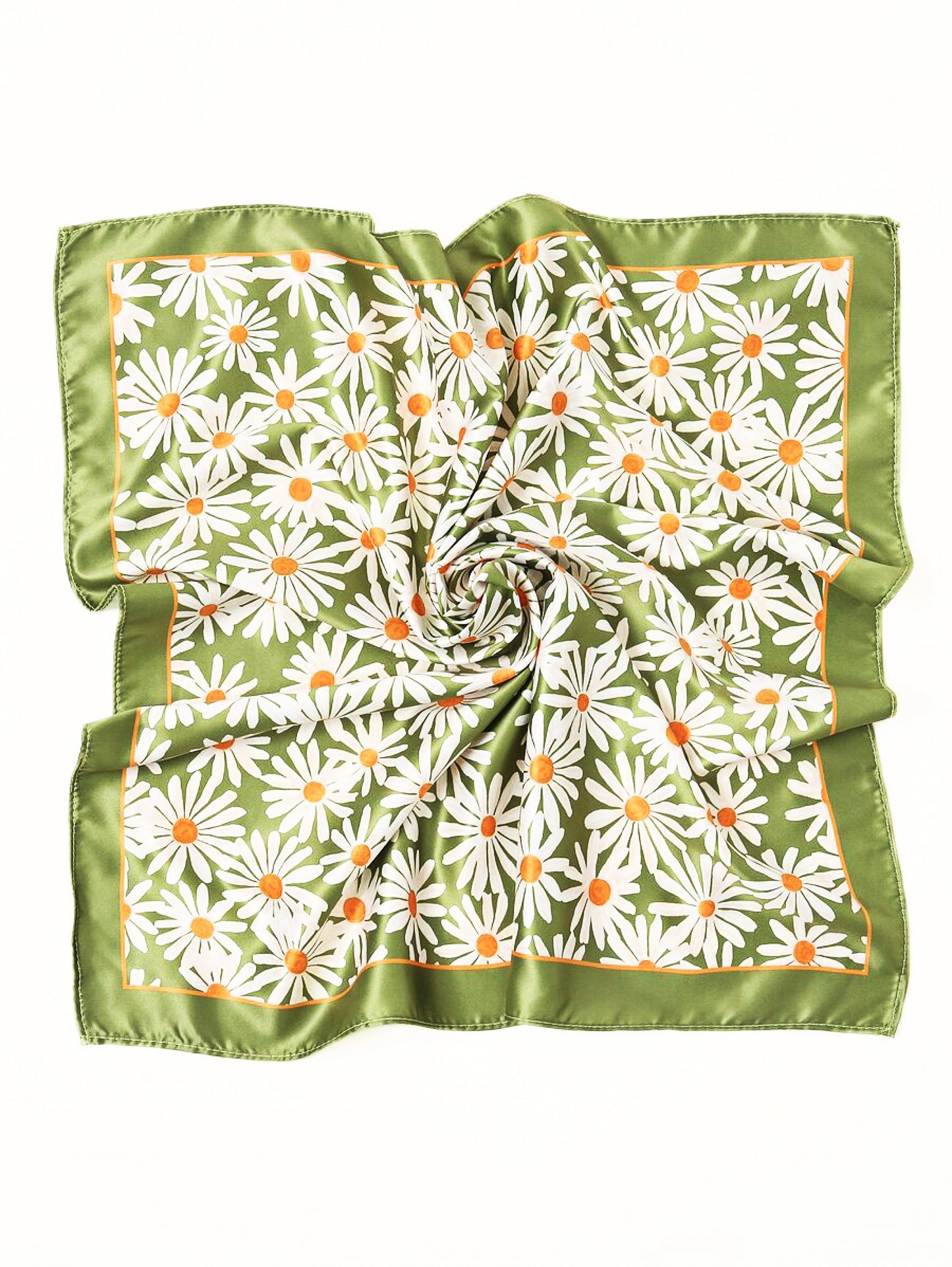 Square Satin Scarf – Olive Green with White Daisy Flowers | Elegant Floral Scarf | Nature-Inspired Design | Perfect Christmas Gift