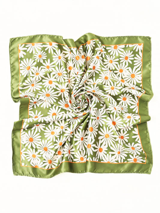 Square Satin Scarf – Olive Green with White Daisy Flowers | Elegant Floral Scarf | Nature-Inspired Design | Perfect Christmas Gift
