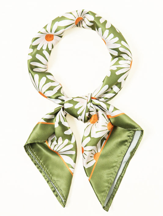 Square Satin Scarf – Olive Green with White Daisy Flowers | Elegant Floral Scarf | Nature-Inspired Design | Perfect Christmas Gift