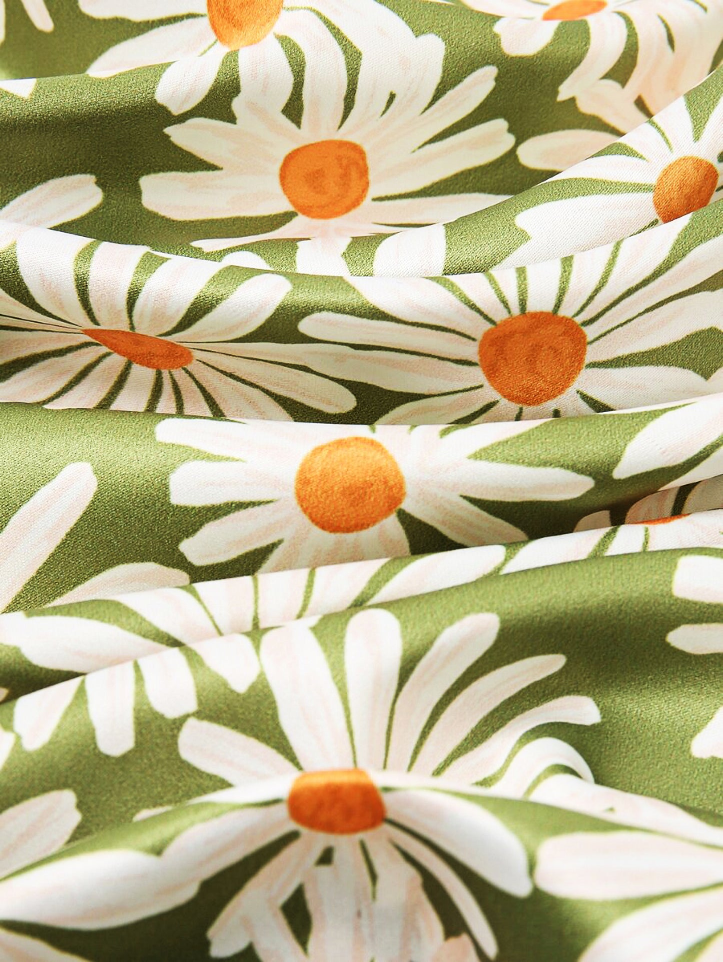 Square Satin Scarf – Olive Green with White Daisy Flowers | Elegant Floral Scarf | Nature-Inspired Design | Perfect Christmas Gift