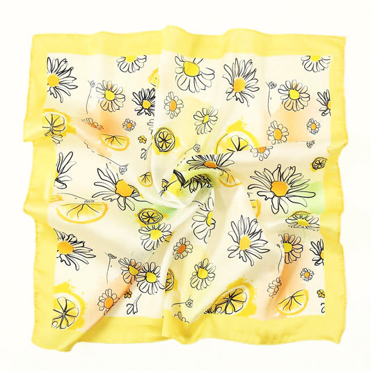 Square Satin Scarf – Lemon & Daisy Print with Yellow Border | Fresh Summer Floral Scarf | Elegant Gift | Christmas Gift Idea